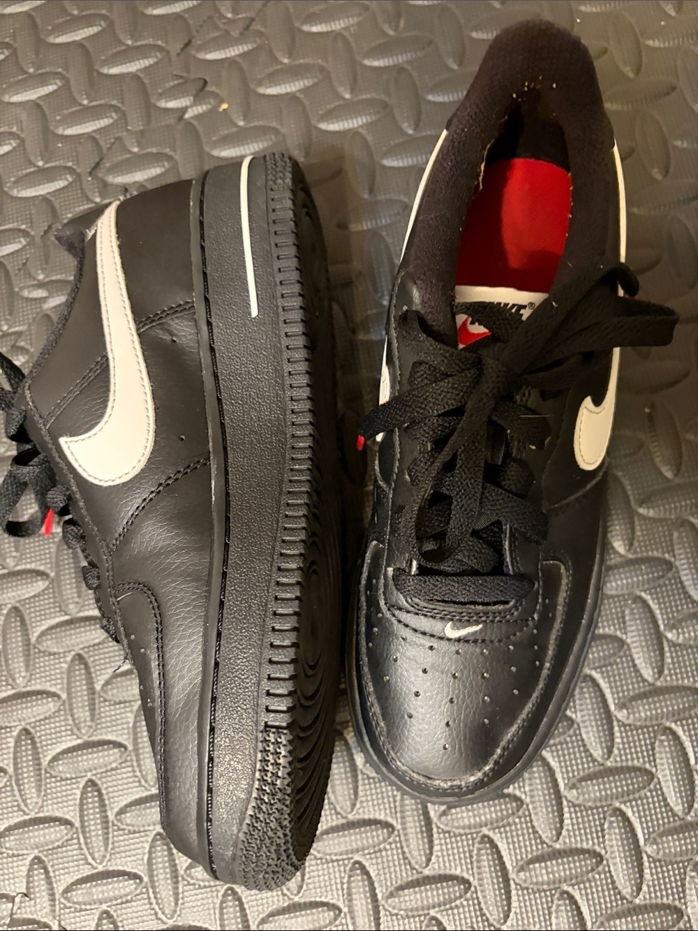 Nike Air Force 1 Low Kids Black Sneakers with White Swoosh and Red Interior - Picture 7 of 13